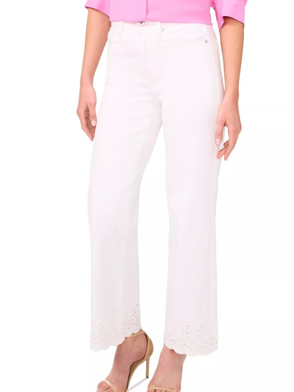 CeCe Women's Size 8 Eyelet Scallop Hem Wide Leg White Jeans NEW